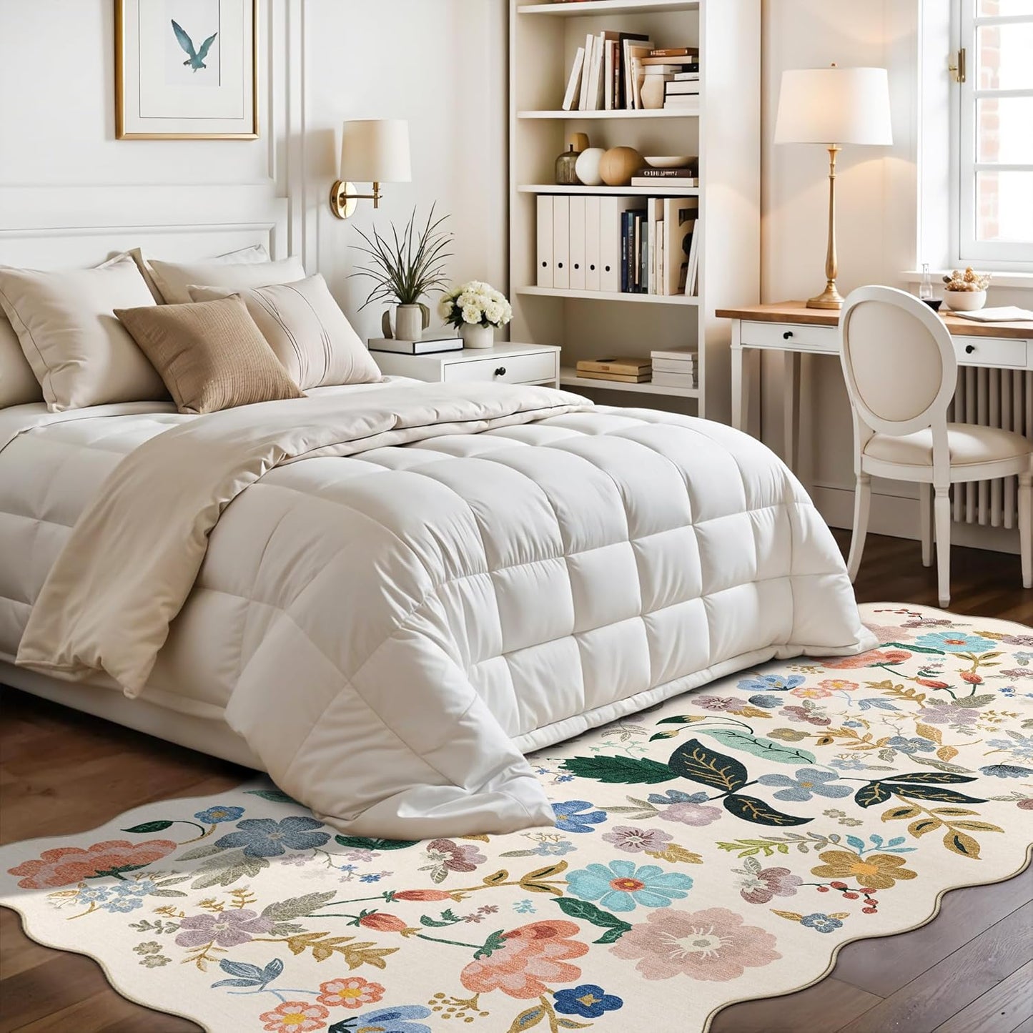 Skiennix Washable 4x8 Wide Runner Rug - Non-Slip Scalloped Floral Design | Soft, Stain-Resistant Cream Carpet for Hallway, Kitchen, and Bathroom