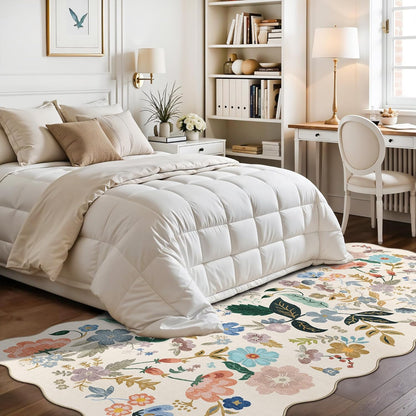 Skiennix Washable 4x8 Wide Runner Rug - Non-Slip Scalloped Floral Design | Soft, Stain-Resistant Cream Carpet for Hallway, Kitchen, and Bathroom