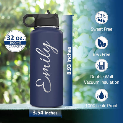 Skiennix Insulated Stainless Steel Water Bottle - Personalized Name & Icon | 32 oz Flip Top Lid & Straw