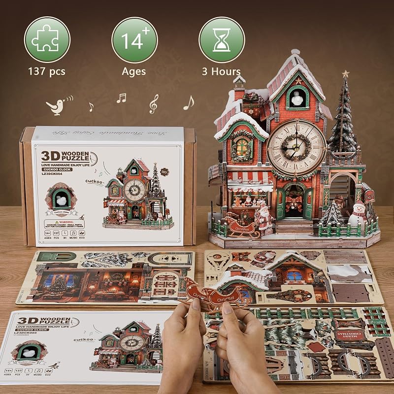 3D Puzzle Clock Kit - Christmas Cottage Cuckoo Clock Model with 3 Modes (Variation: Christmas Cottage)