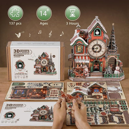 3D Puzzle Clock Kit - Christmas Cottage Cuckoo Clock Model with 3 Modes (Variation: Christmas Cottage)