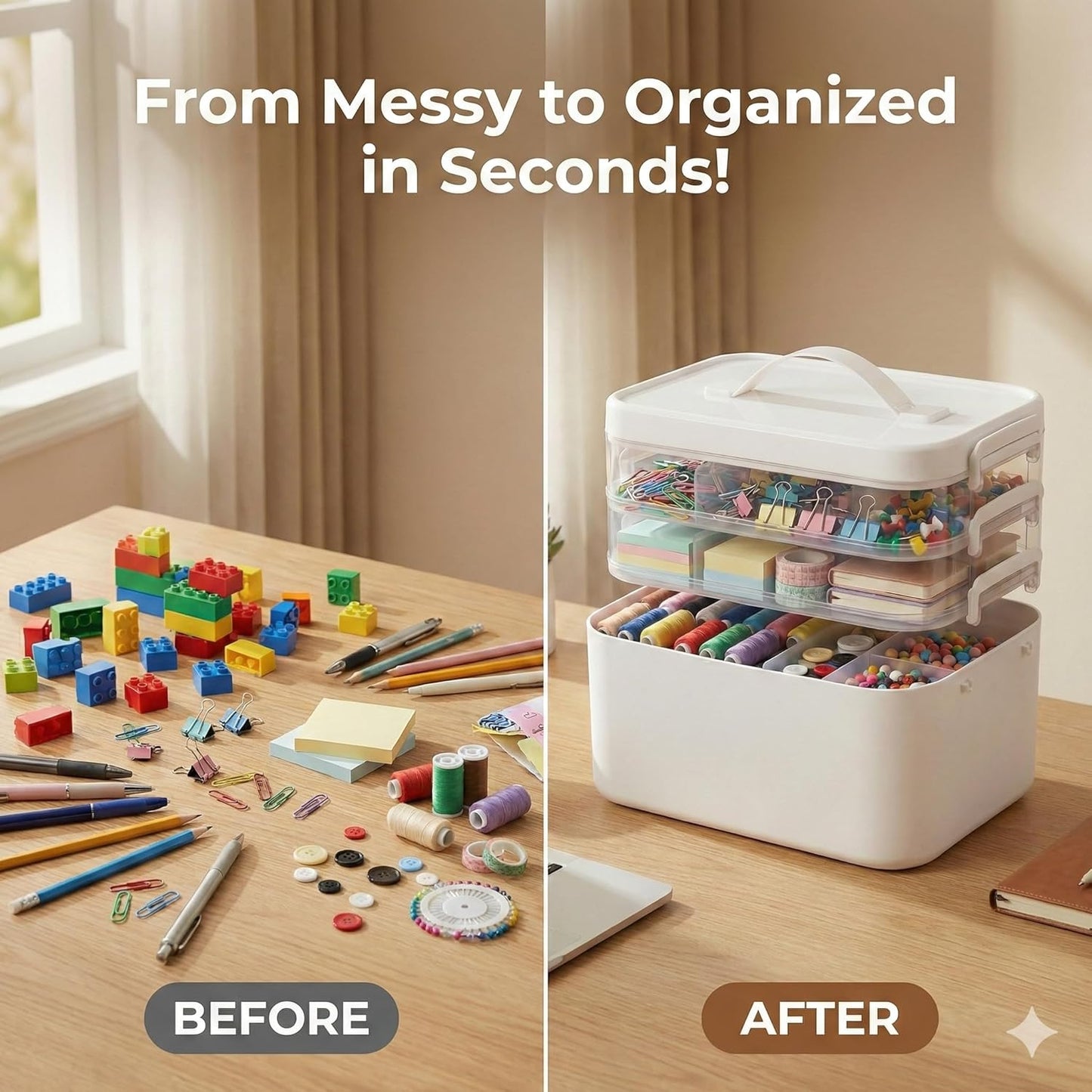 Skiennix 13.3 QT Stackable Craft Storage Organizer Box - White with 3 Removable Trays for Art Supplies | 11.1''x7.7''x9.1''