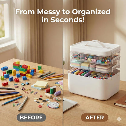 Skiennix 13.3 QT Stackable Craft Storage Organizer Box - White with 3 Removable Trays for Art Supplies | 11.1''x7.7''x9.1''