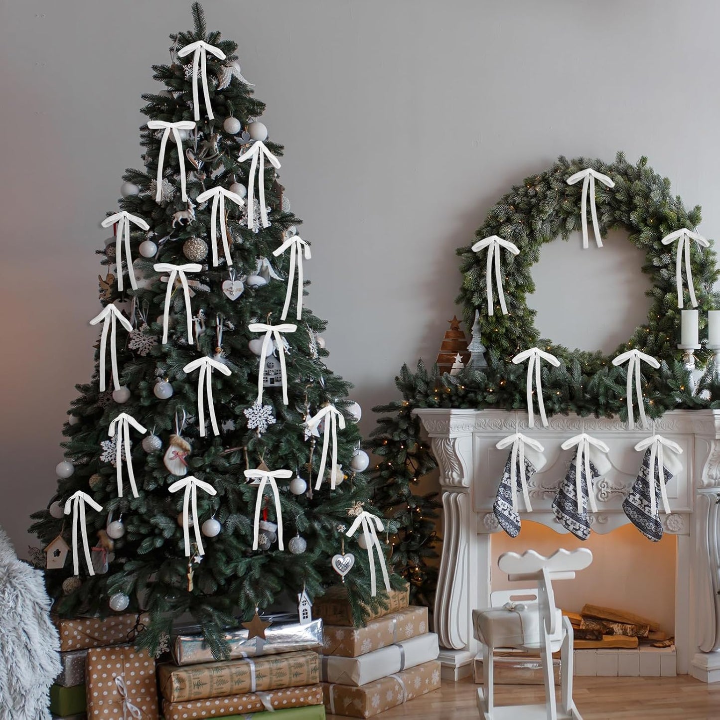 Skiennix 24 Pcs Velvet Bows - Vintage Ribbon Bows for Christmas Tree & Crafts | White, 5 x 7 Inch