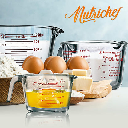 NutriChef Measuring Cups Set - BPA-Free Borosilicate Glass with Handle | Precise Measurement in 250ml, 500ml & 1000ml