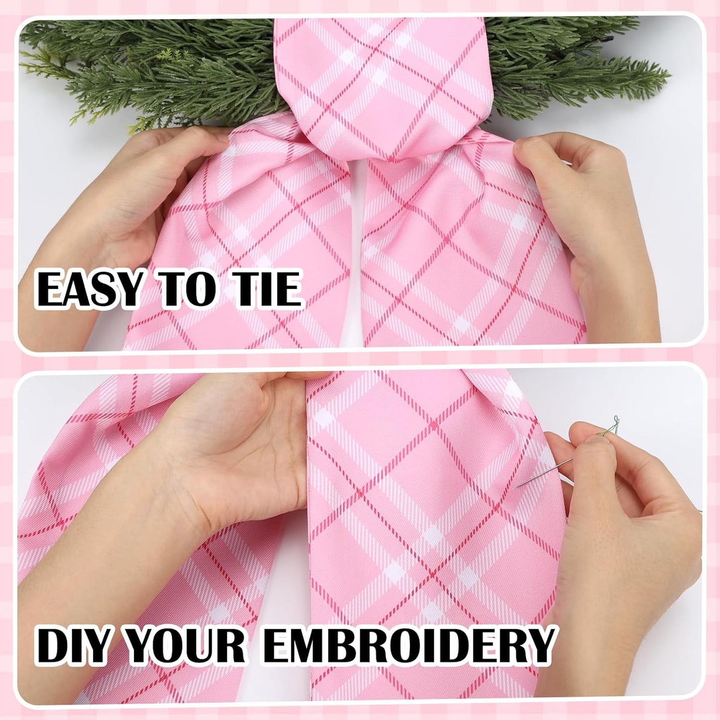 Pink Plaid Wreath Sash - 2 Pcs 60 Inch Buffalo Plaid Sashes for Valentine's Day Home Decor | Wedding & Baby Shower