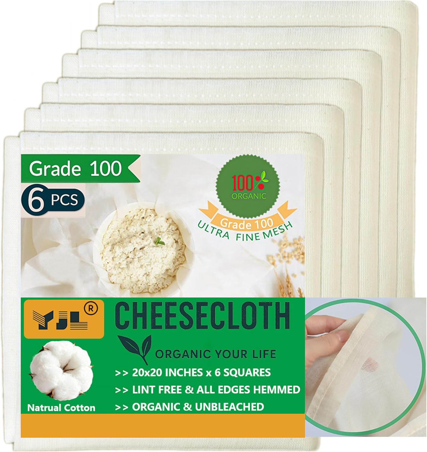 Organic Cheese Cloths - Grade 100 Extra Ultra Fine Mesh | 20x20 Inch, 6 Pack, 100% Unbleached Cotton for Straining & Cooking