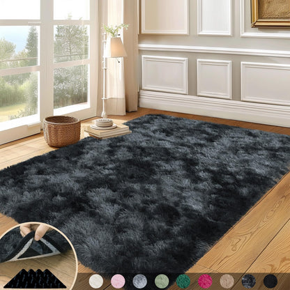 Mugorn 5x7 Rugs for Living Room, Large Fluffy Area Rugs for Bedroom, Soft Carpet Shag Kids Rug with 4 Non-Slip Rug Pads (Black Grey Tie-Dyed, 5ft x 7ft)