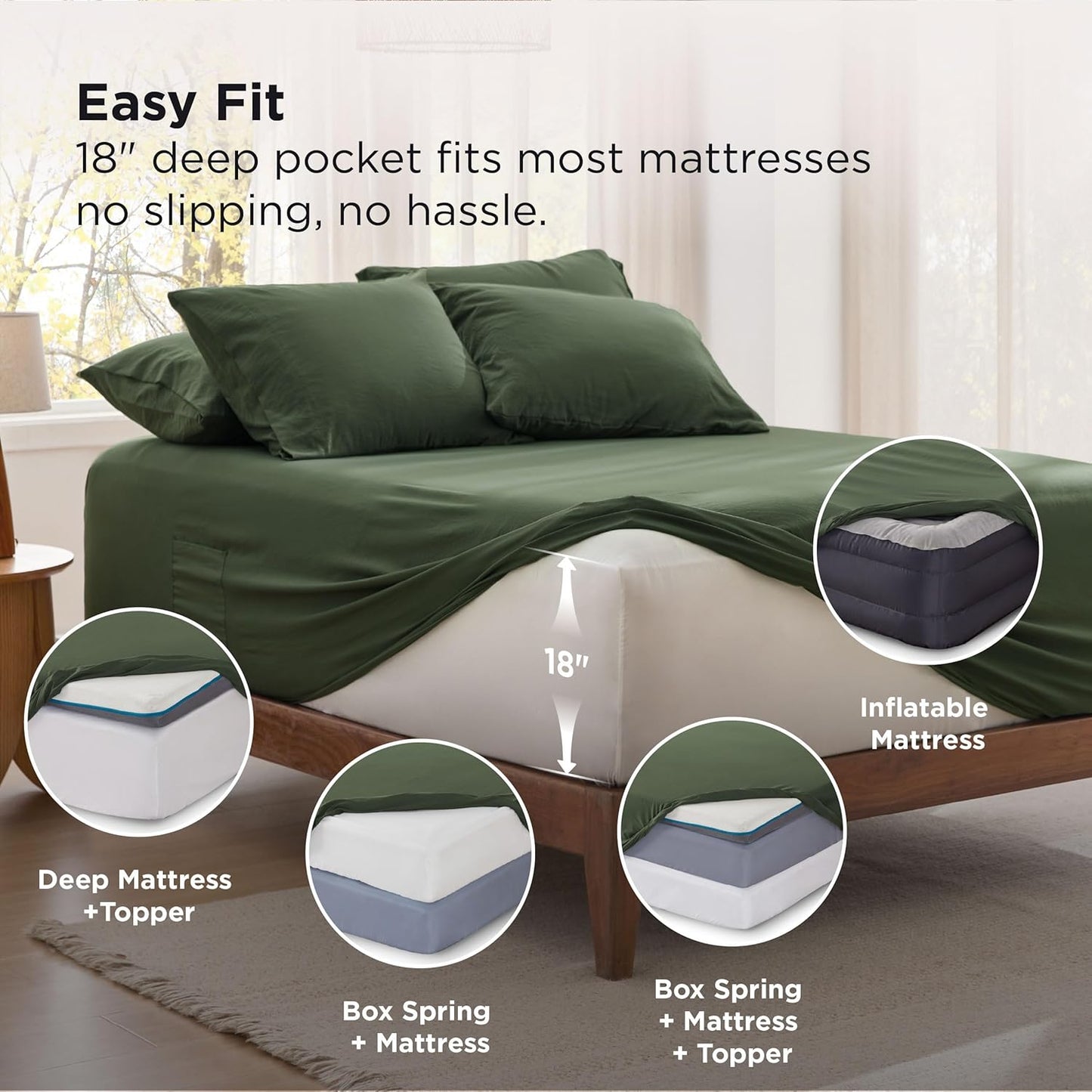 Bedsure Deep Pocket Queen Sheets - Ultra-Soft 6-Piece Bedding Set, Fits Mattresses Up to 18", Olive Green