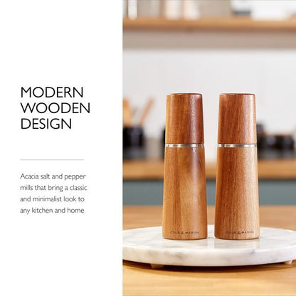 Cole & Mason Marlow Wood Mill Set - Balanced Salt and Pepper Grinders - Refillable Spice Tools - Adjustable Salt and Peppercorn Grinder Settings - Acacia Wood