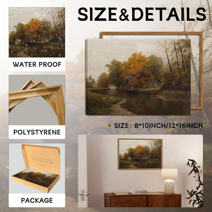 Vintage Autumn Floating Framed Canvas Wall Art - Scenic Nature Landscape Print 12x16 Inch