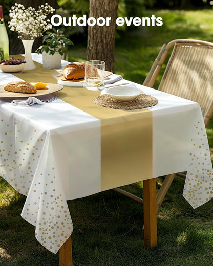 Pureegg Disposable Plastic Tablecloths - 10 Pack, 54 x 108 Inch, Sturdy & Leakproof, White Gold for Graduation Parties