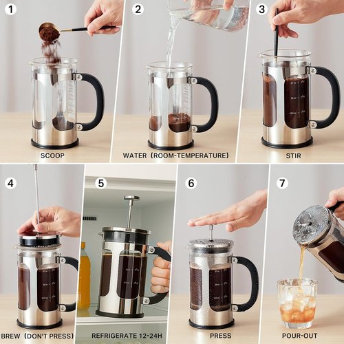 BAYKA French Press Coffee Maker - 34oz Cold Brew Iced Coffee Pot | Heat-Resistant Borosilicate Glass, Silver