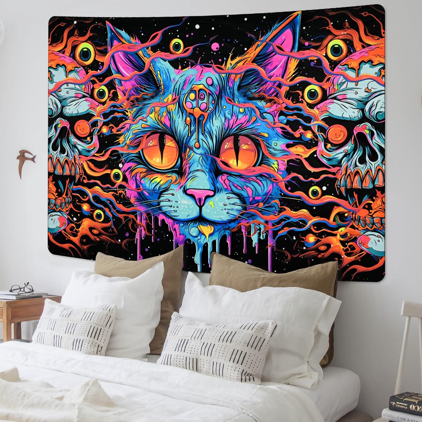 Uspring Trippy Blacklight Skull Tapestry Gothic Cat Skeleton Tapestries Hippie Eyes Tapestry UV Large Tapestry Psychedelic Wall Tapestry Hanging for Bedroom (59.1 x 82.7 inches)