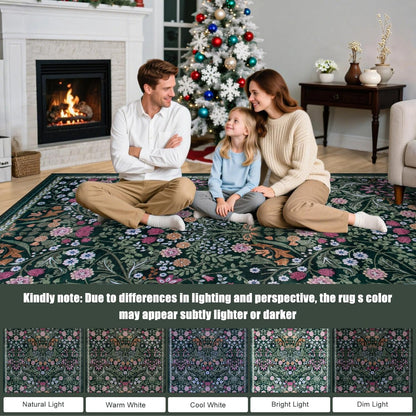 Skiennix 6x9 Area Rug - Vintage Floral Design | Washable, Soft, Non-Slip, Stain Resistant - Dark Green