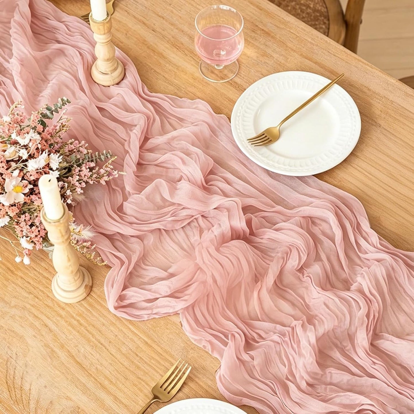 Skiennix Pink Cheesecloth Table Runner - 10FT Dusty Pink Boho Style for Weddings & Events