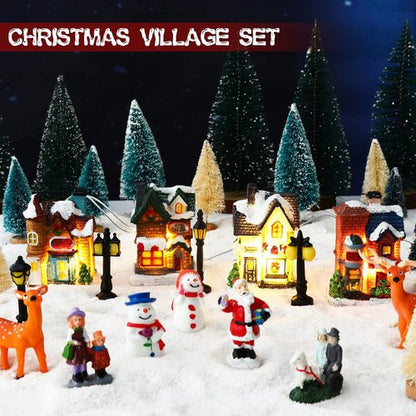 Gerrii Christmas Village Figurines Set - 31 Pcs LED Lighted Houses & Snow Blanket for Festive Decor