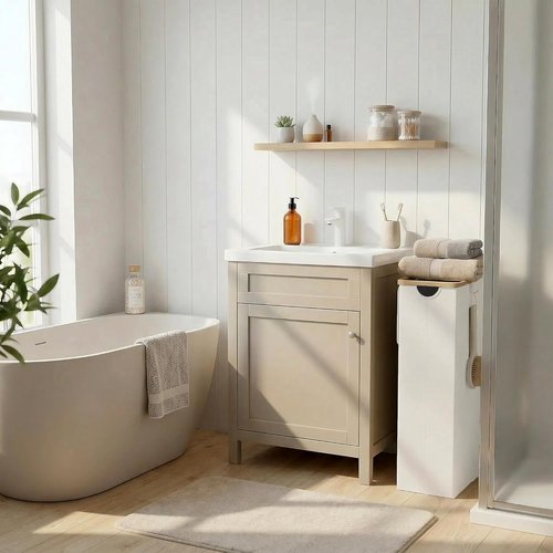 Efluky Slim Laundry Basket - Narrow Hamper with Lid & Removable Bag, 75L Beige for Bathroom & Bedroom