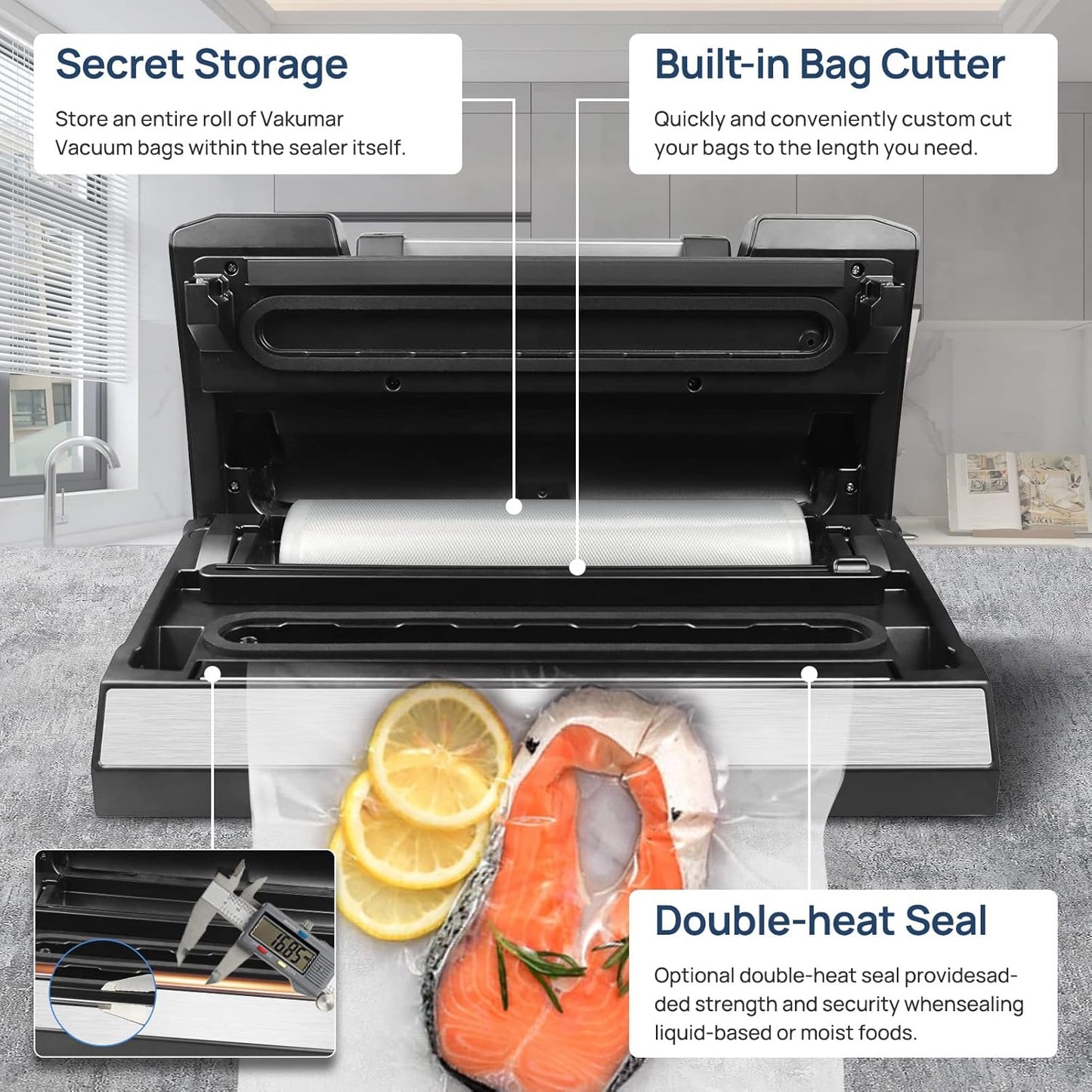 Vakumar Vacuum Sealer Machine - 90Kpa Food Preservation with Dry/Moist Modes & Built-In Cutter | Starter Kit Included