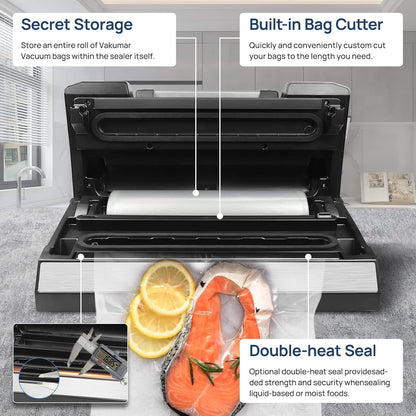 Vakumar Vacuum Sealer Machine - 90Kpa Food Preservation with Dry/Moist Modes & Built-In Cutter | Starter Kit Included