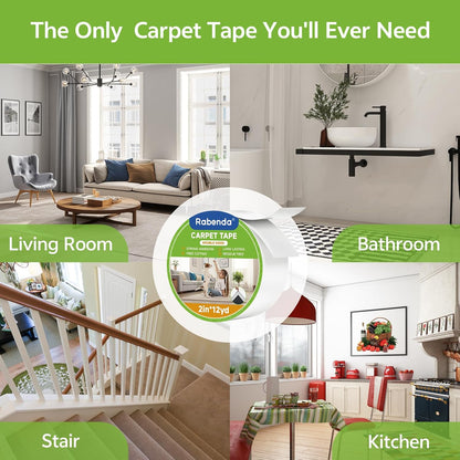 Rabenda Double-Sided Carpet Tape - 2 Inch x 12 Yards Removable Rug Tape for Hardwood & Tile Floors - No Residue Anti-Slip Gripper