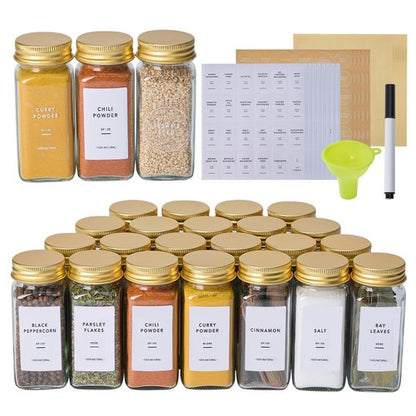 Fiwence 48 Pcs Glass Spice Jars with 576 Labels, 4oz Empty Square Spice Containers,Seasoning Bottles with Gold Metal Caps - Shaker Lids, Funnel and Chalk Pen Included