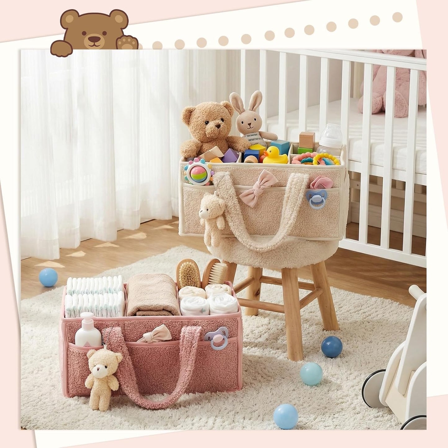 Shinylin Diaper Caddy Organizer - 2 Pack Nursery Storage Bins with Handle | Powder Pink & Ivory