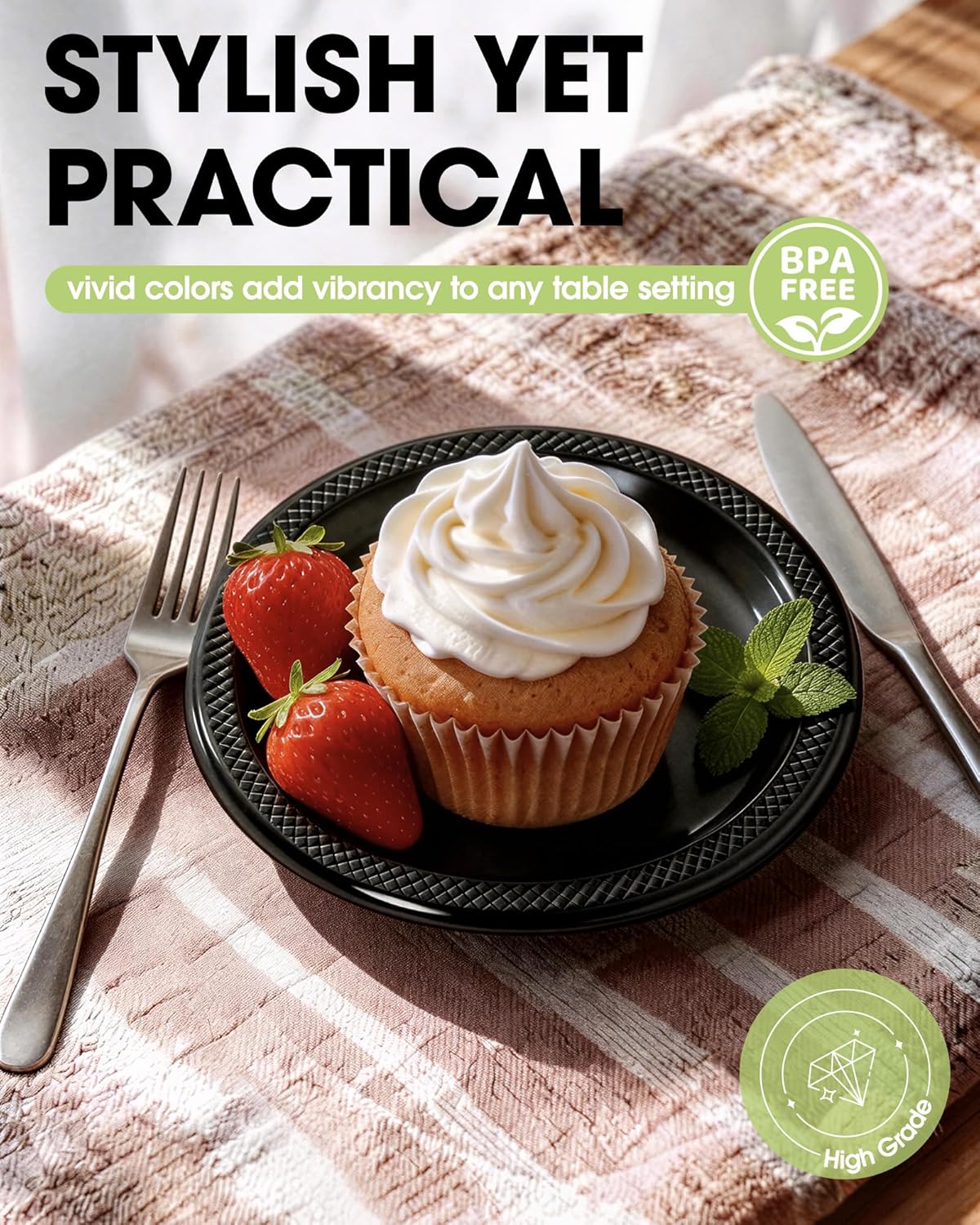 Pureegg 7-Inch Black Plastic Dessert Plates - 100-Count Disposable Party Plates | BPA-Free for BBQs & Picnics