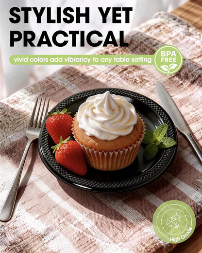 Pureegg 7-Inch Black Plastic Dessert Plates - 100-Count Disposable Party Plates | BPA-Free for BBQs & Picnics