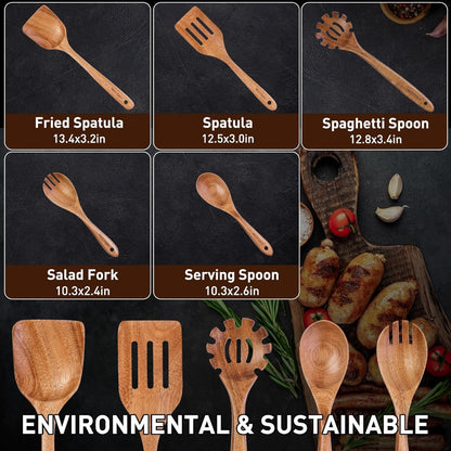 Skiennix Wooden Spoons for Cooking - 5-Piece Natural Solid Wood Utensil Set | Includes Salad Spoons, Strainer Spoon, Mixing Spoon, Slotted Spatula