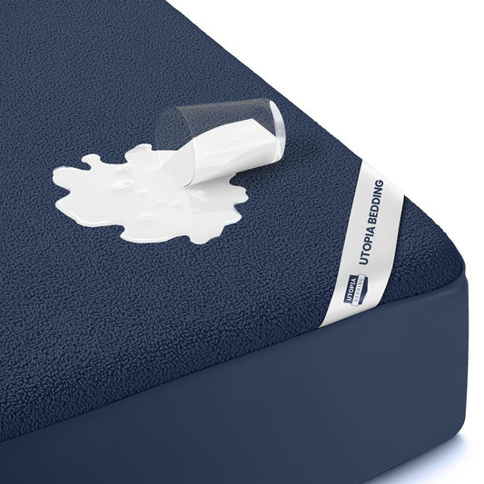 Twin Size Mattress Protector Waterproof, Premium 200 GSM Terry Mattress Cover, Soft & Breathable Bed Cover, Fitted Sheet Style Stretchable Deep Pockets 15" by Utopia Bedding (Navy Blue)