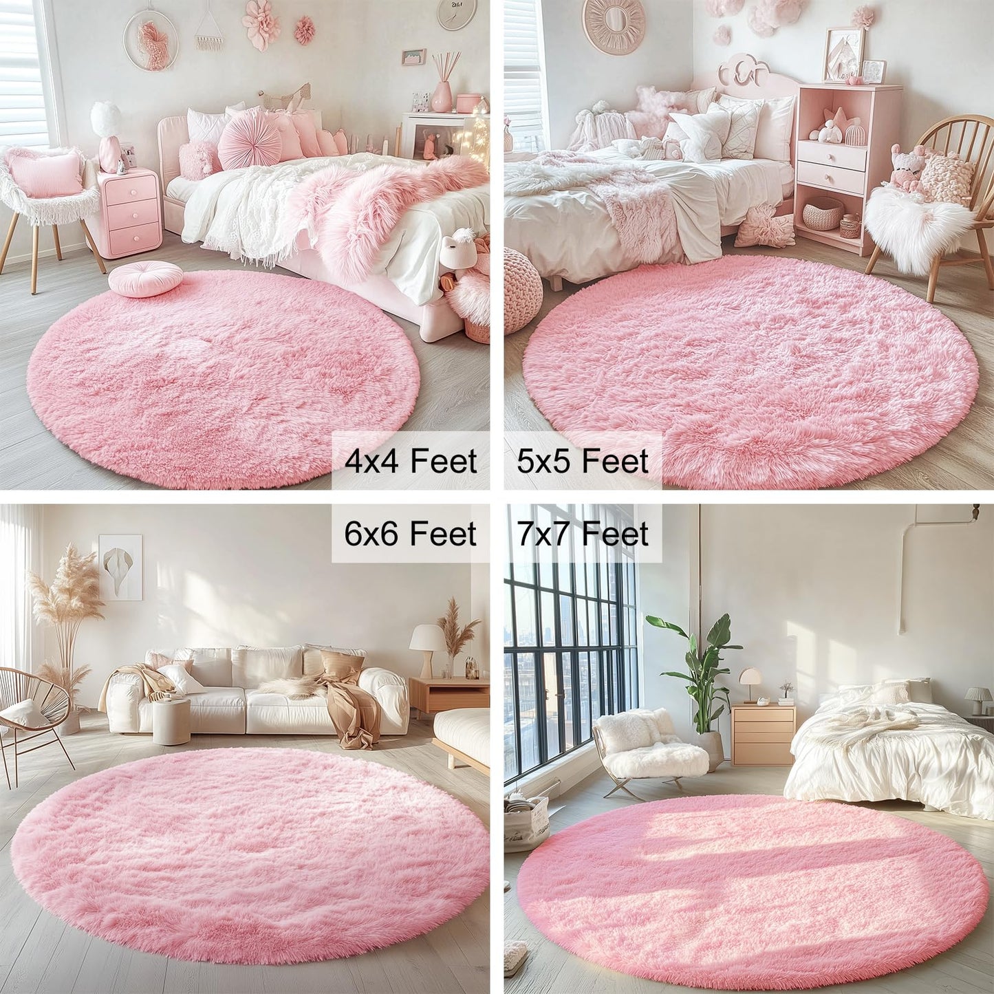 OLANLY Pink Round Rugs for Bedroom - Machine Washable, 7 ft Circle Area Rugs for Living Room, Soft and Fluffy Shaggy Carpet for Teen Girls and Boys, Nursery Rooms, Dorms, Home Decor Aesthetic