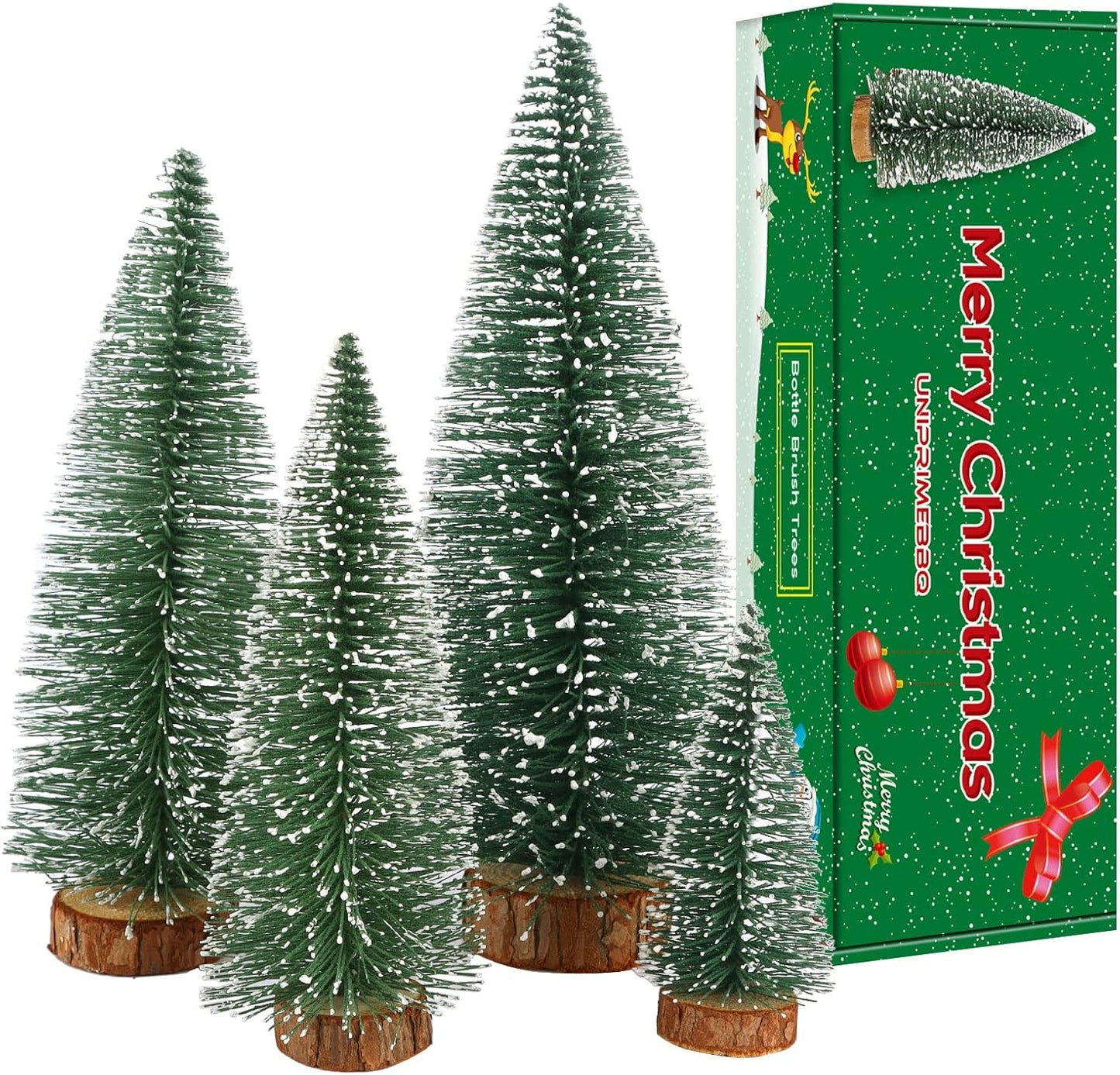 Skiennix Mini Christmas Tree - Small Pine Tree with Wooden Base for Holiday Table Decor | Green (4pcs)