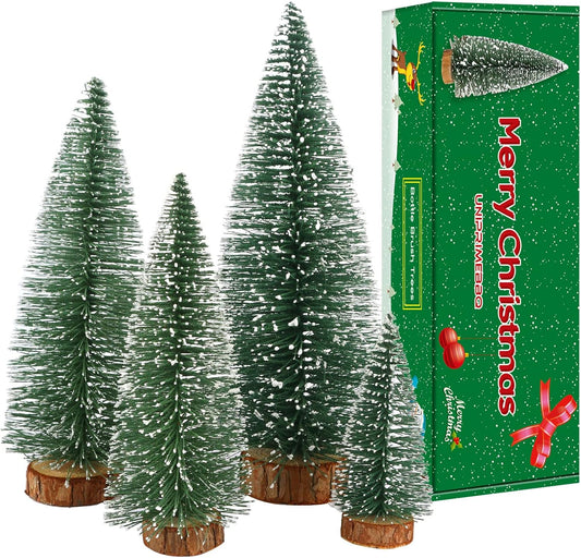 Skiennix Mini Christmas Tree - Small Pine Tree with Wooden Base for Holiday Table Decor | Green (4pcs)