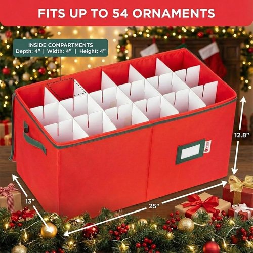 Christmas Ornament Storage Container - Large Red Organizer Bin with Dividers for 54 Ornaments