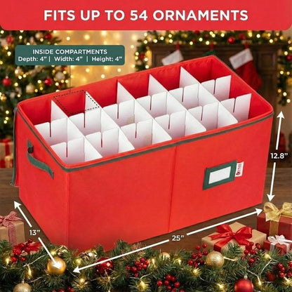Christmas Ornament Storage Container - Large Red Organizer Bin with Dividers for 54 Ornaments