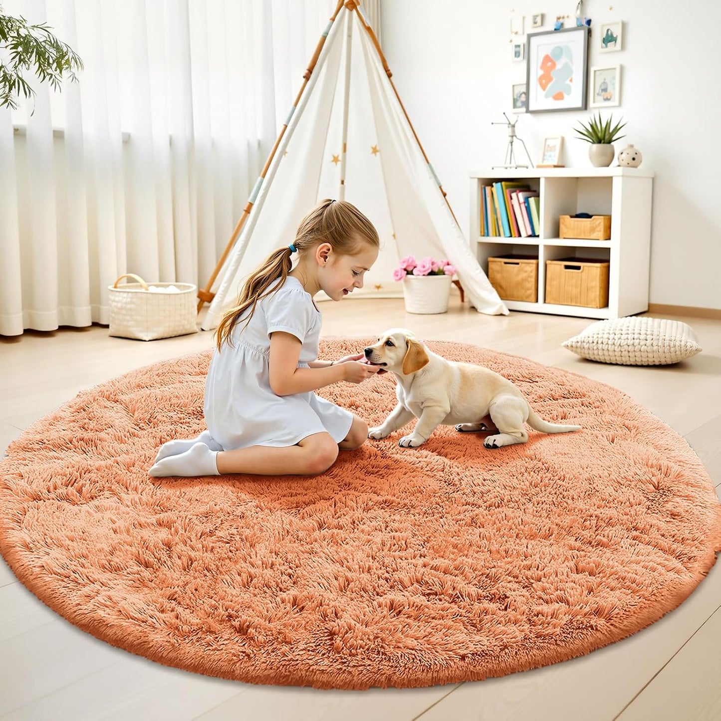 OLANLY Round Area Rug - Soft & Fluffy Muted Orange Shaggy Carpet | 6 ft Circle for Bedroom & Living Room Decor