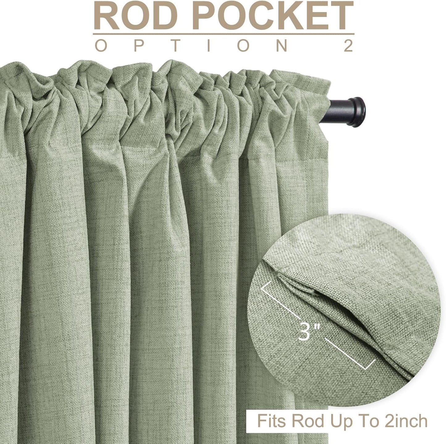 Skiennix 100% Blackout Linen Curtains - Thermal Insulated Drapes for Bedroom | 90" Long, Sage Green, 2 Panels Set