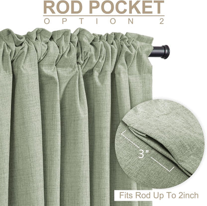 Skiennix 100% Blackout Linen Curtains - Thermal Insulated Drapes for Bedroom | 90" Long, Sage Green, 2 Panels Set