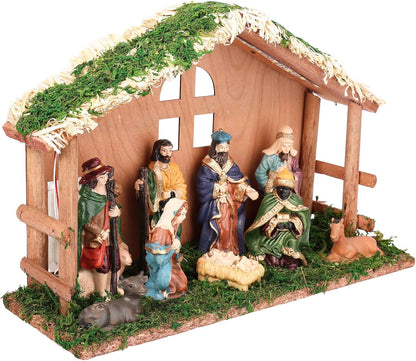 Regine Switzerland Lighted Christmas Nativity Set - Indoor Wooden Stable & Figures for Festive Tabletop Decor