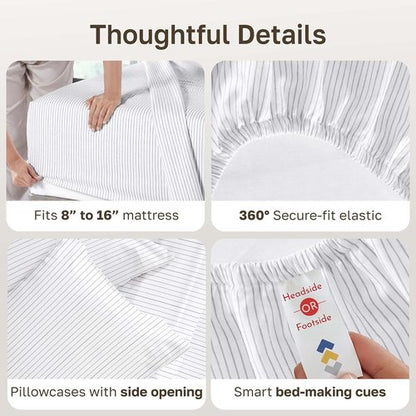 California Design Den Full Size Bed Sheets Set - 100% Cotton, 400 TC, Award-Winning Sateen Finish, Deep Pockets - Pinstripe