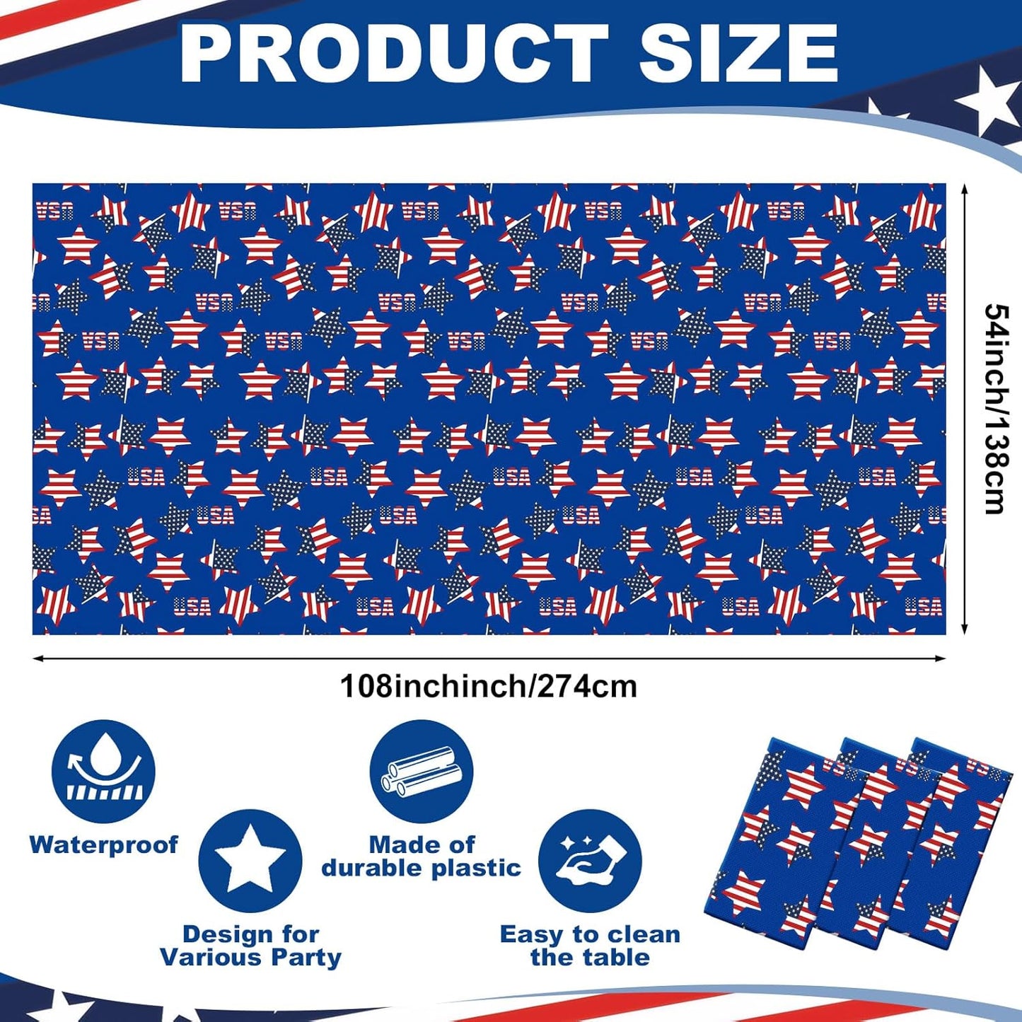 Oudain Patriotic Tablecloth Set - 3 Pcs USA Flag Design | 54 x 108 Inch Disposable Rectangle for 4th of July Parties