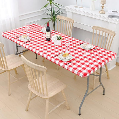 Smiry 6 ft Picnic Table Cloth Set (2-Pack) Elastic Fitted Waterproof Buffalo Plaid - Red & White 36" x 72"