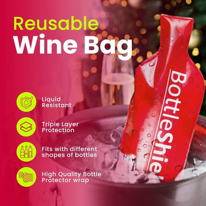 Liquid Spectrum Bottle Shield Reusable Wine Protector Travel Bag (2-Pack) - Bubble Cushioning Wrap Suit - Unbreakable Bottle Sleeve, Leak Proof - Wine Tote Bags Accessory for Suitcase Luggage, Red