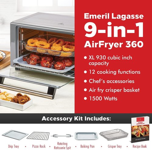 Emeril Lagasse 360 Stainless Steel Air Fryer - XL Capacity | 9-in-1 with 12 Pre-Set Functions