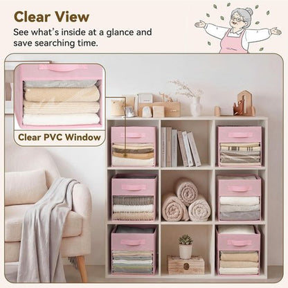 GRANNY SAYS Cube Storage Bins - 11 Inch Collapsible Fabric Organizers with Clear Window | Pink 6-Pack