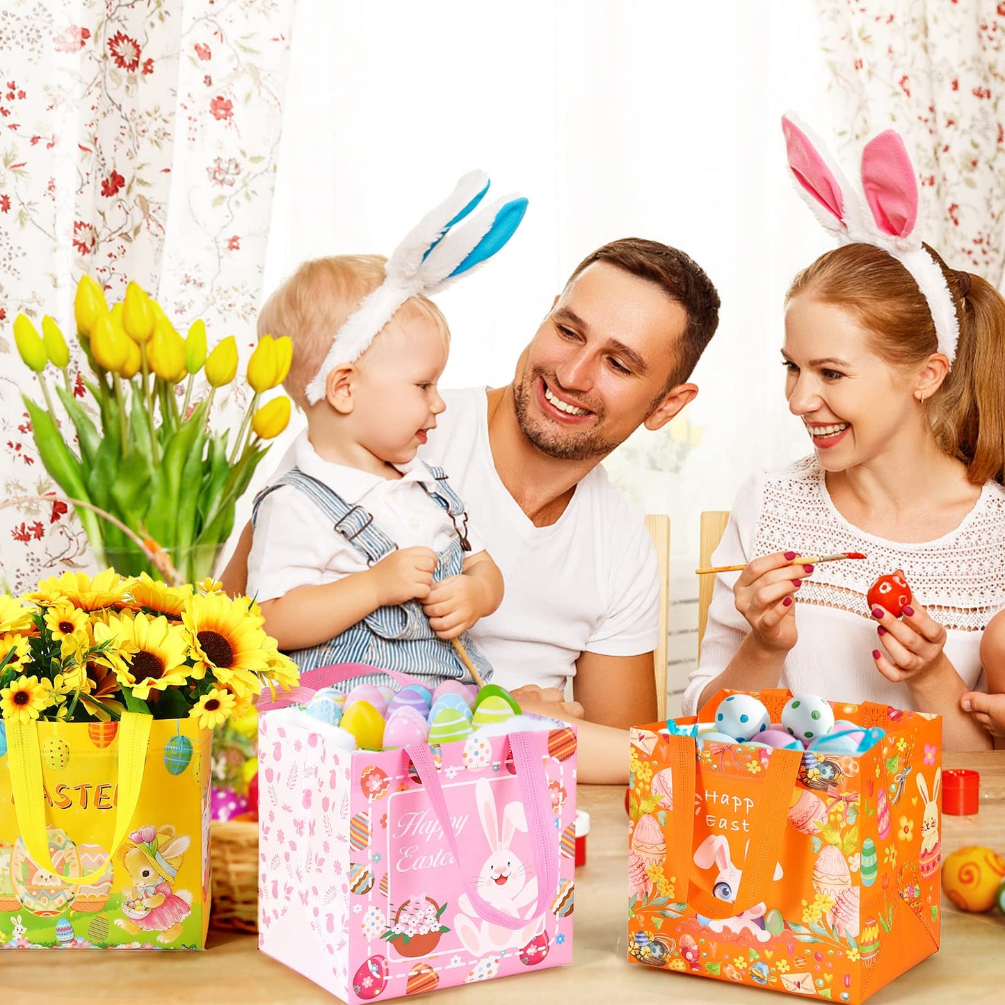 YANGTE Easter Bags 18 packs, Easter Baskets with Handle Gift Bags Reusable Non-Woven Tote Bags for Easter Holiday Spring Party Supplies Open Size 7.91 * 6.01 * 7.91 in