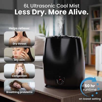 Everlasting Comfort 6L Humidifier - Quiet 50HR Runtime | No-Filter Cool Mist for Large Rooms, Baby Nursery & Allergies
