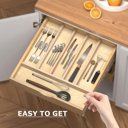 WelFurGeer Solid Birch Wood Silverware Organizer - Stylish Kitchen Utensil Tray for Cutlery & Flatware
