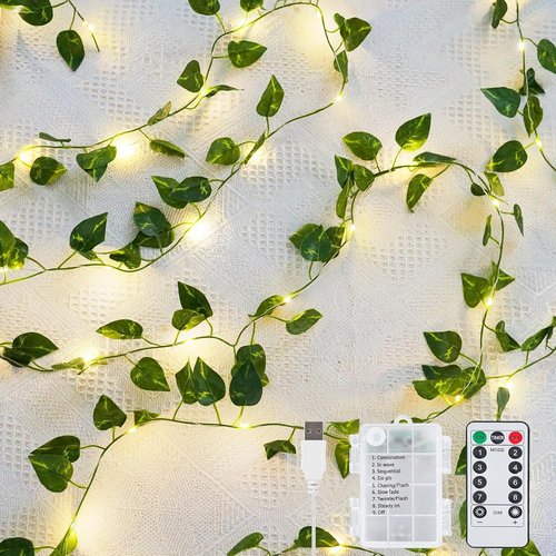 KASZOO 33ft 100 LED Fairy Lights - Battery/USB Operated Pothos Vine String Lights for Bedroom & Garden Decor